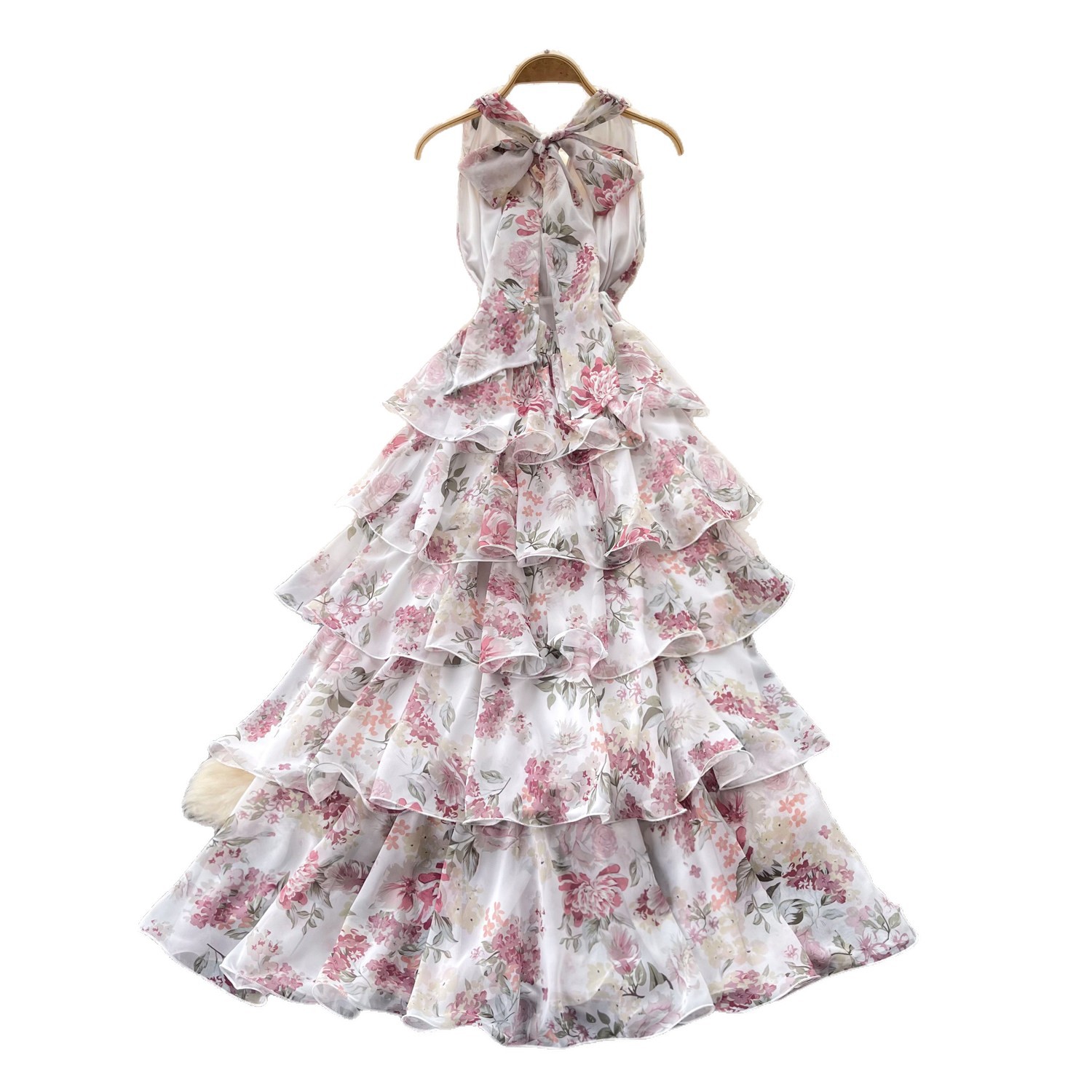 Floral Print V Neck Halter Dress Sleeveless Ruffle Hem Slim Fit Summer Casual Wear for Women Wholesale Available