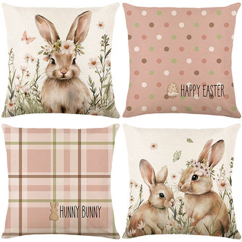 temu New Easter Printed Pillow Case Cute Pet Rabbit Linen Plaid Series Living Room Sofa Cushion Pillow