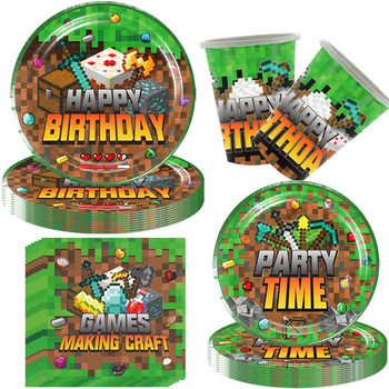 New Minecraft Birthday Party Decoration Supplies Children's Pixel Decoration Tablecloth Paper Cup Paper Plate Tableware Set