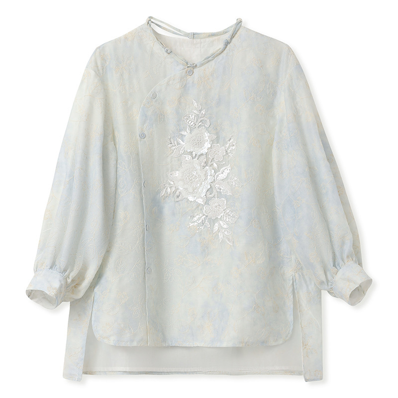 Áo sơ mi nữ dài tay thêu hoa cổ tròn phong cách thanh lịch — Cloud Water Blue (Giao hàng ngay hôm nay), Cloud Water Blue (Giao hàng trong 7 ngày)