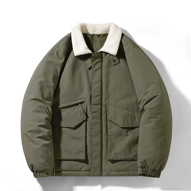 Winter Sports Leisure Trendy Brand Solid Color Lamb Velvet Lapel Coat Workwear Warm Down Jacket Men's Wear