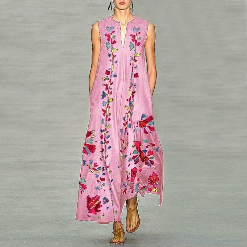 Fashionable Deep V Neck Printed Maxi Dress Sleeveless Trendy Design Comfortable Fabric Perfect for Summer Events