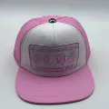 Text in pink and white