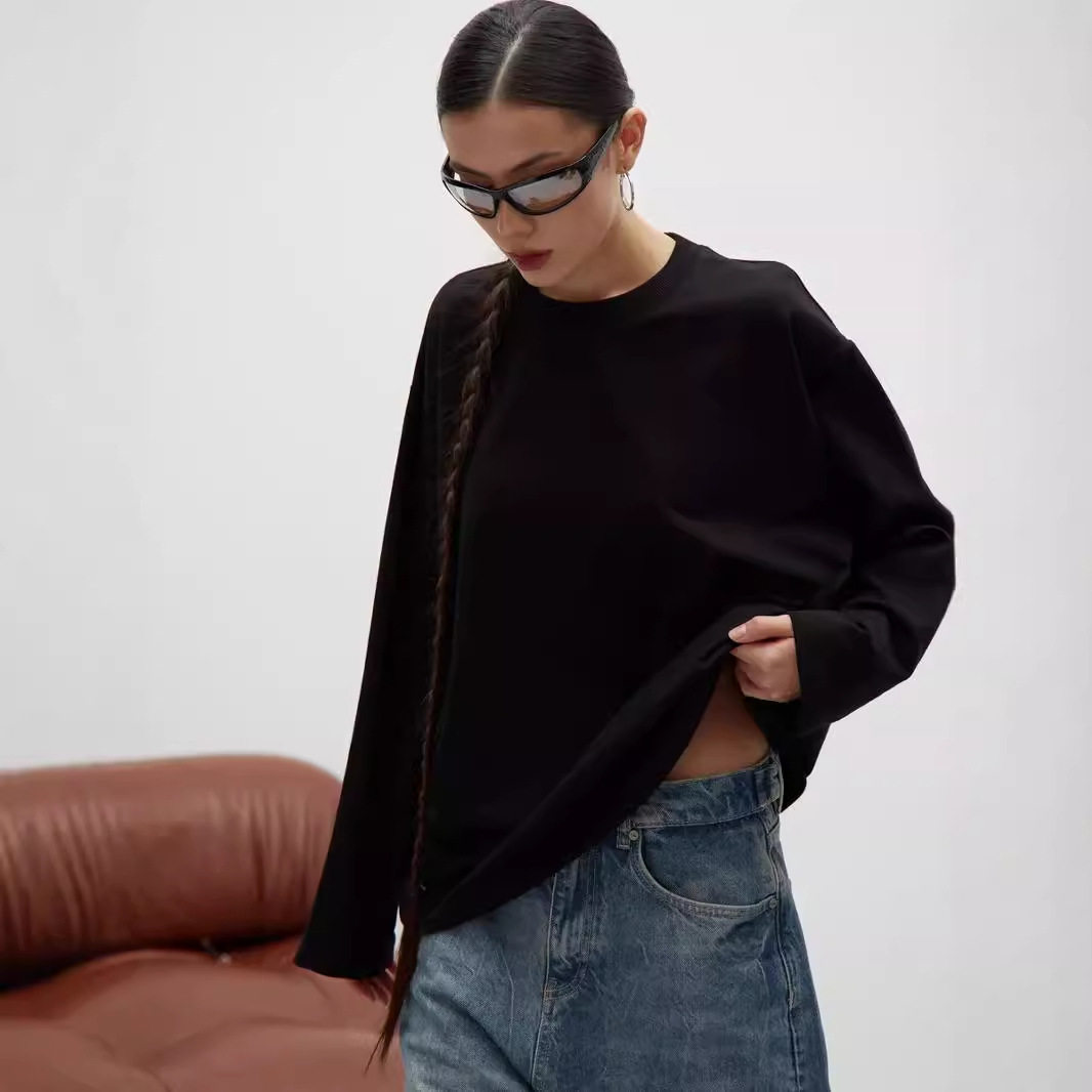 Womens Long Sleeve T Shirt 260g Combed Cotton Solid Color Loose Fit Casual Style High Quality Ready to Ship
