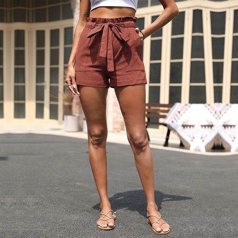 High Waisted Loose Casual Shorts Solid Color Cotton Linen Blend Comfortable Fit Summer Vacation Wear Wholesale