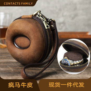 New Retro Crazy Horse Leather Watch Storage Box with Wrist Strap Travel Portable Genuine Leather Mechanical Watch Box
