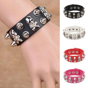 Eco-Friendly Pu Leather Fashion Retro Multi-Layer Wide Leather Bracelet with Personality and Bold Skull Rivets Punk Hip-Hop Bracelet Jewelry