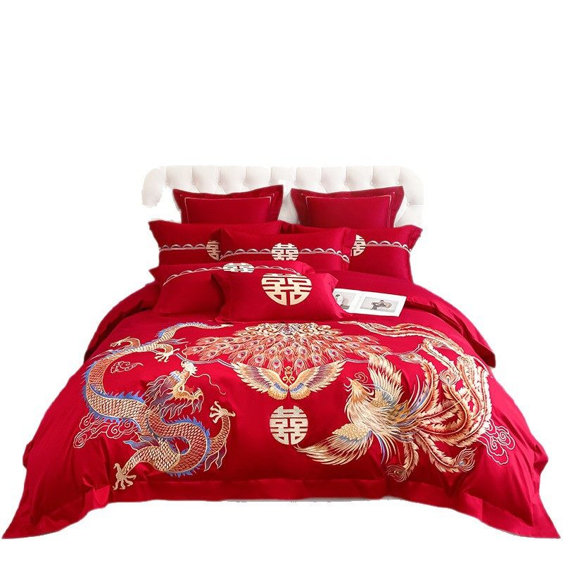 High-End Chinese Dragon and Phoenix Embroider Wedding Four-Piece Set Big Red Wedding Room Dowry Bed Sheetss Quilt Cover Dowry Bedding