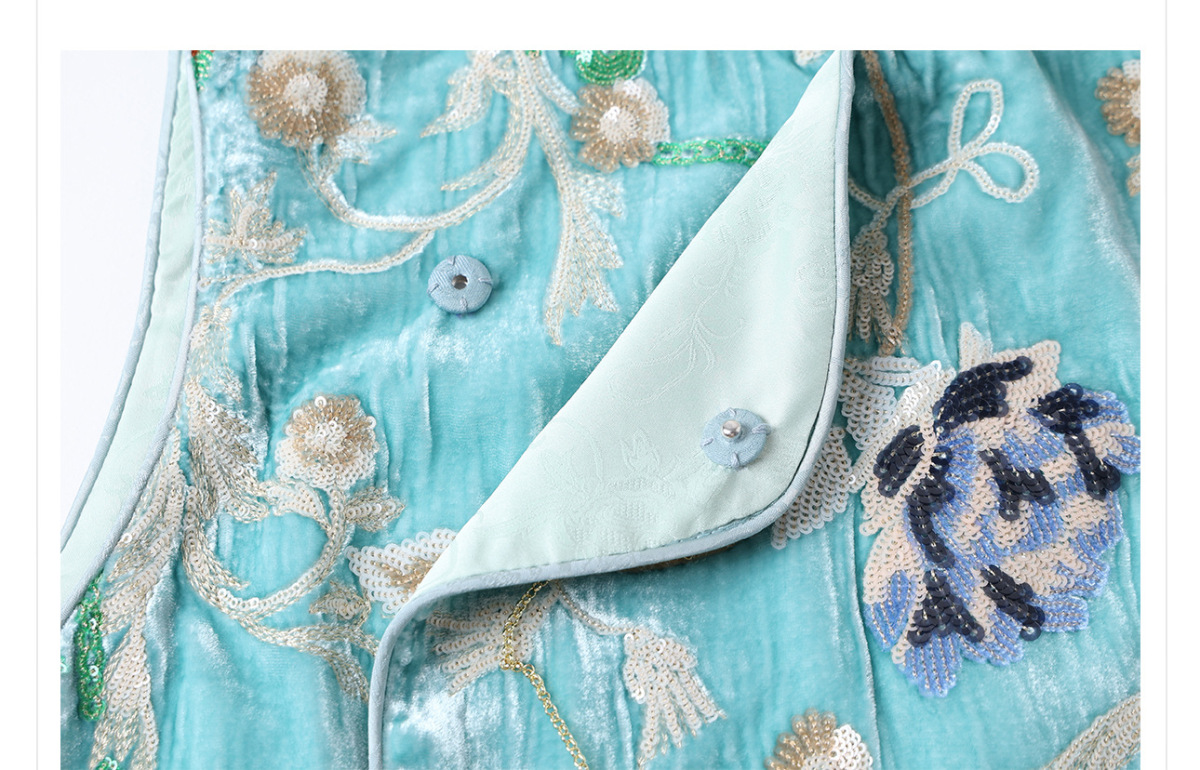 Áo vest nữ dáng ngắn thêu hoa chất liệu satin phối sequin — Màu xanh da trời (giao hàng trong 7 ngày), Màu xanh da trời (phát hành cùng ngày)