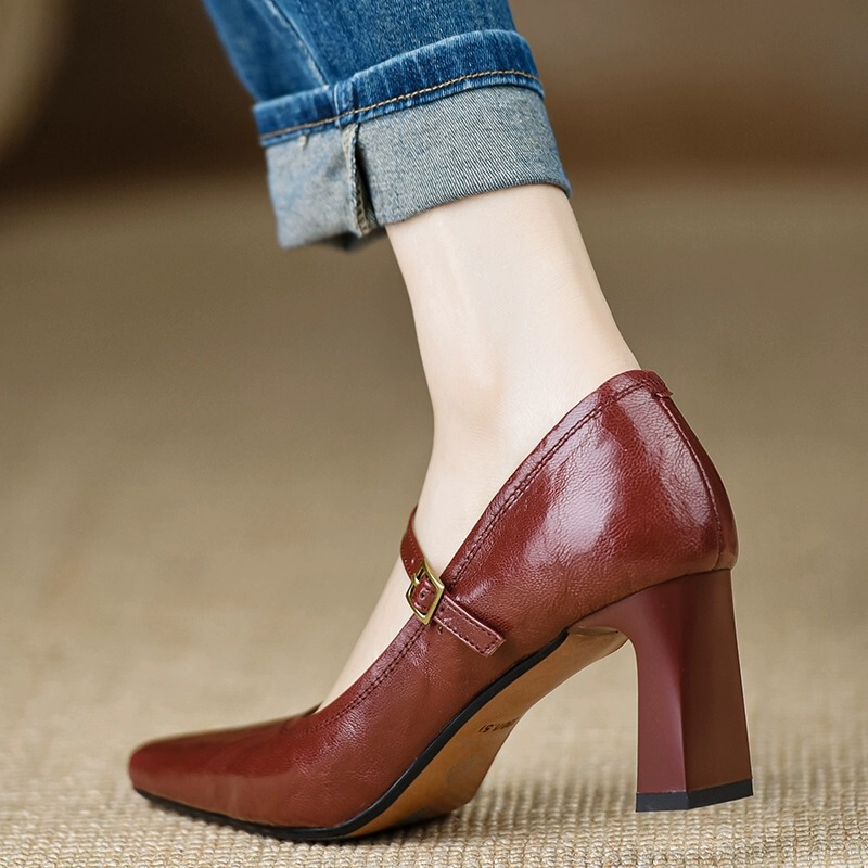 Giày Mary Jane nữ mũi vuông quai ngang phong cách cổ điển — Màu đen 5cm, Màu đen 7cm, Màu đỏ 5cm, Màu đỏ 7cm