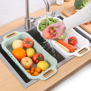 Double-layer Extendable Draining Basket Kitchen Vegetable Basket Vegetable Washing Basin Draining Household Living Room Fruit Plate Sink Draining Basket