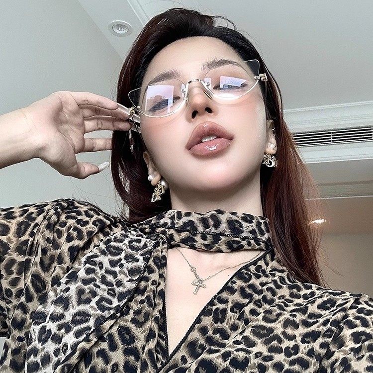 Korean-Style Gold Half-Frame Metal Glasses for Women, High-Intelligence Ins Rimless Anti-Blue Light Non-Prescription Frames, Customizable Prescription