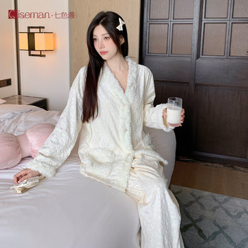 [Cream chestnut] Long-sleeved island velvet pajamas autumn and winter women's warm and sweet cute home clothes suit can be worn outside