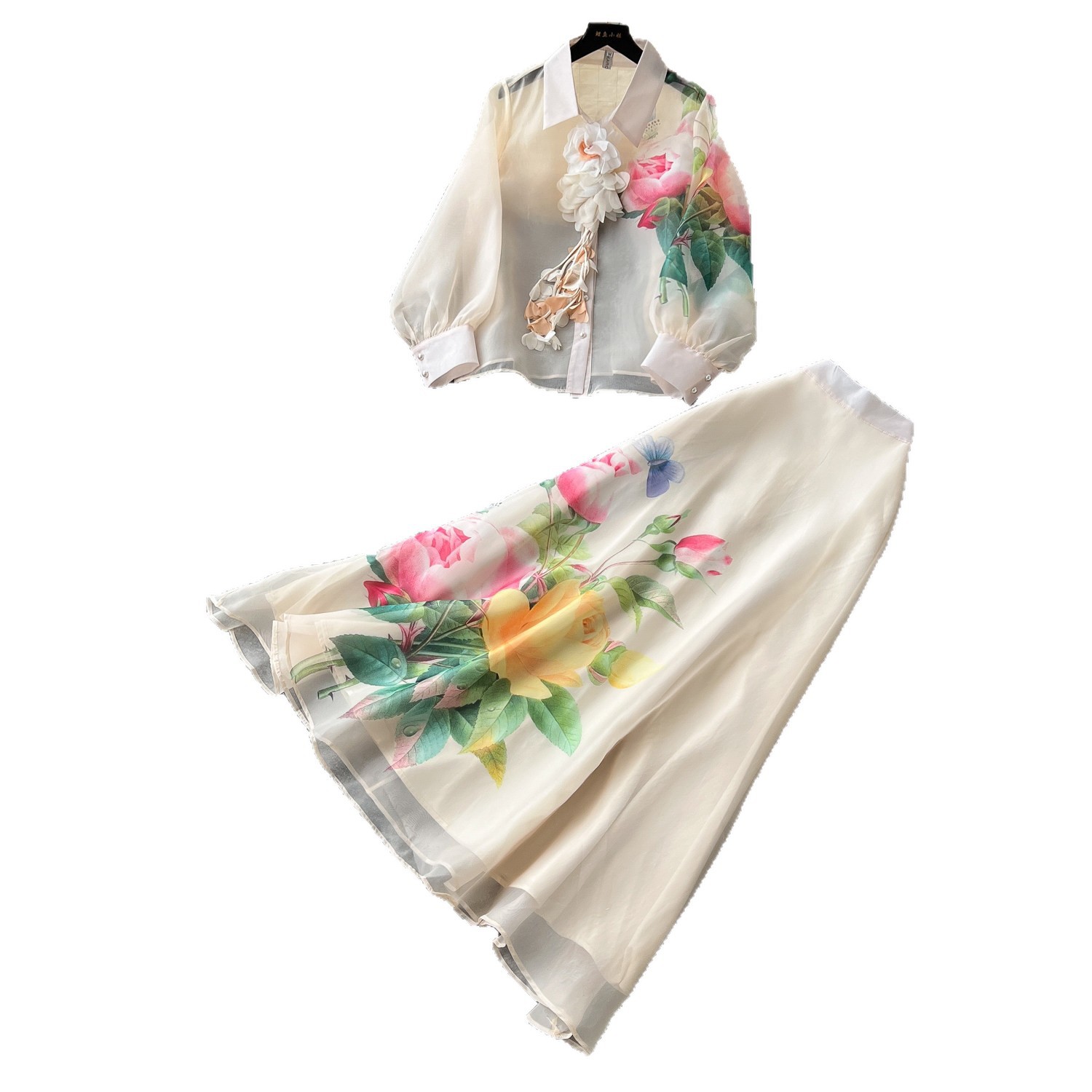 French Romantic Floral Two Piece Set Lantern Sleeve Mesh Top Waist Defined Midi Skirt Autumn Office Wear Wholesale