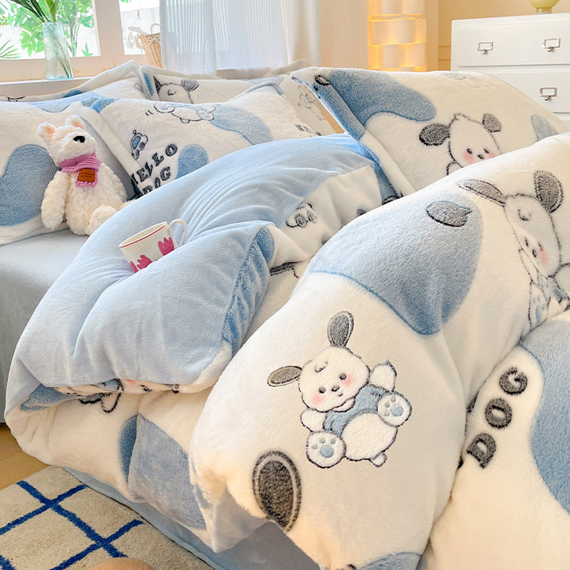 Cartoon Snowflake Milk Velvet Bedding Four-piece Set Autumn and Winter Children's Thickened Coral Velvet Quilt Cover Bed Sheet Three-piece Set