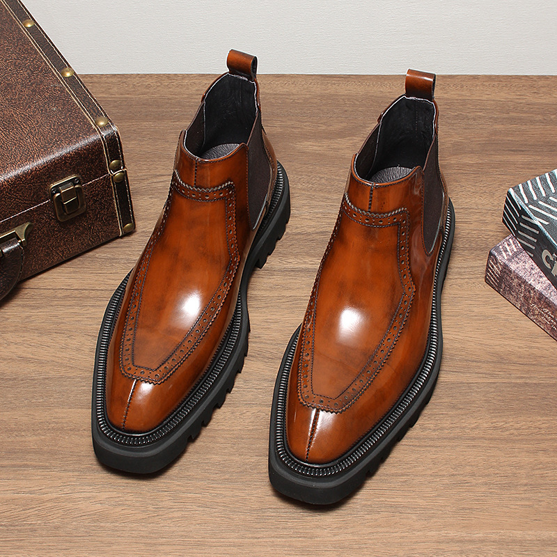 Boot Chelsea nam da bò thật mũi nhọn đế dày tăng chiều cao giữ ấm — Màu đen lót da, Màu nâu lót nhung, Màu nâu lót da