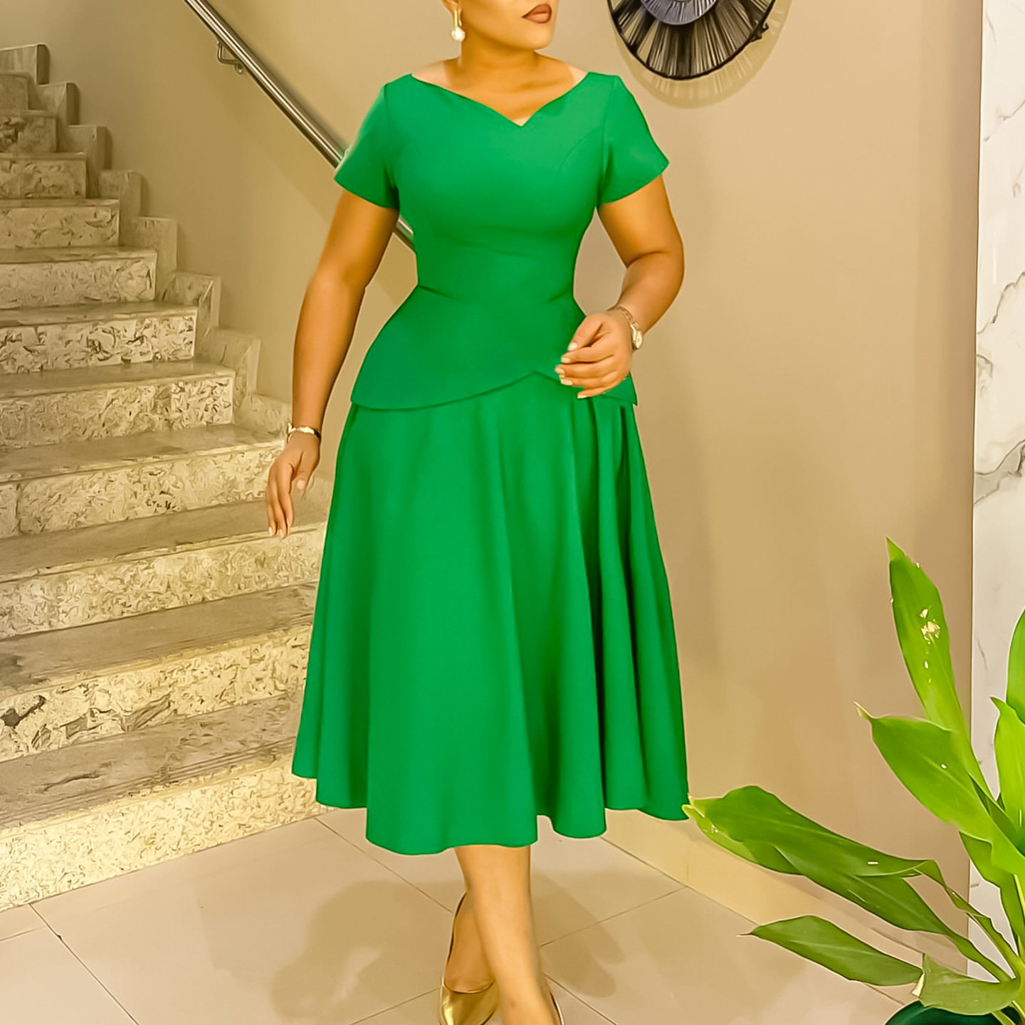 Summer A Line Dress Solid Color V Neck Short Sleeve Flowy Design Casual Wear for Women Wholesale Available