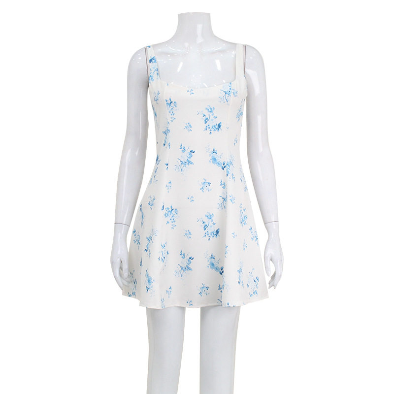 Summer Womens Fashion Floral Print A Line Dress Square Neck Backless Sweet and Fresh Perfect for Casual Outings