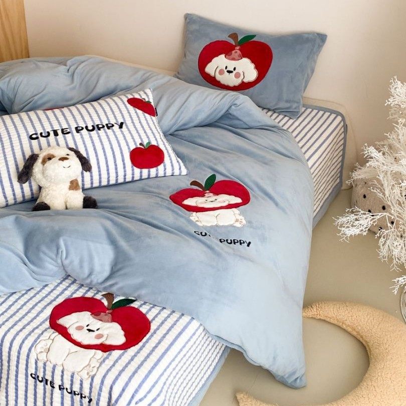 Ins Cartoon Milk Velvet Embroidered Quilted Bed Cover Three-piece Set Autumn and Winter Warm Apple Panda Patch Embroidered Quilt Cover