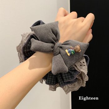 Designed Gray Lace Plaid Bow Four-Layer Hair Tie for Women to Tie Their Hair into a Ball Head and Low Ponytail Hair Rope