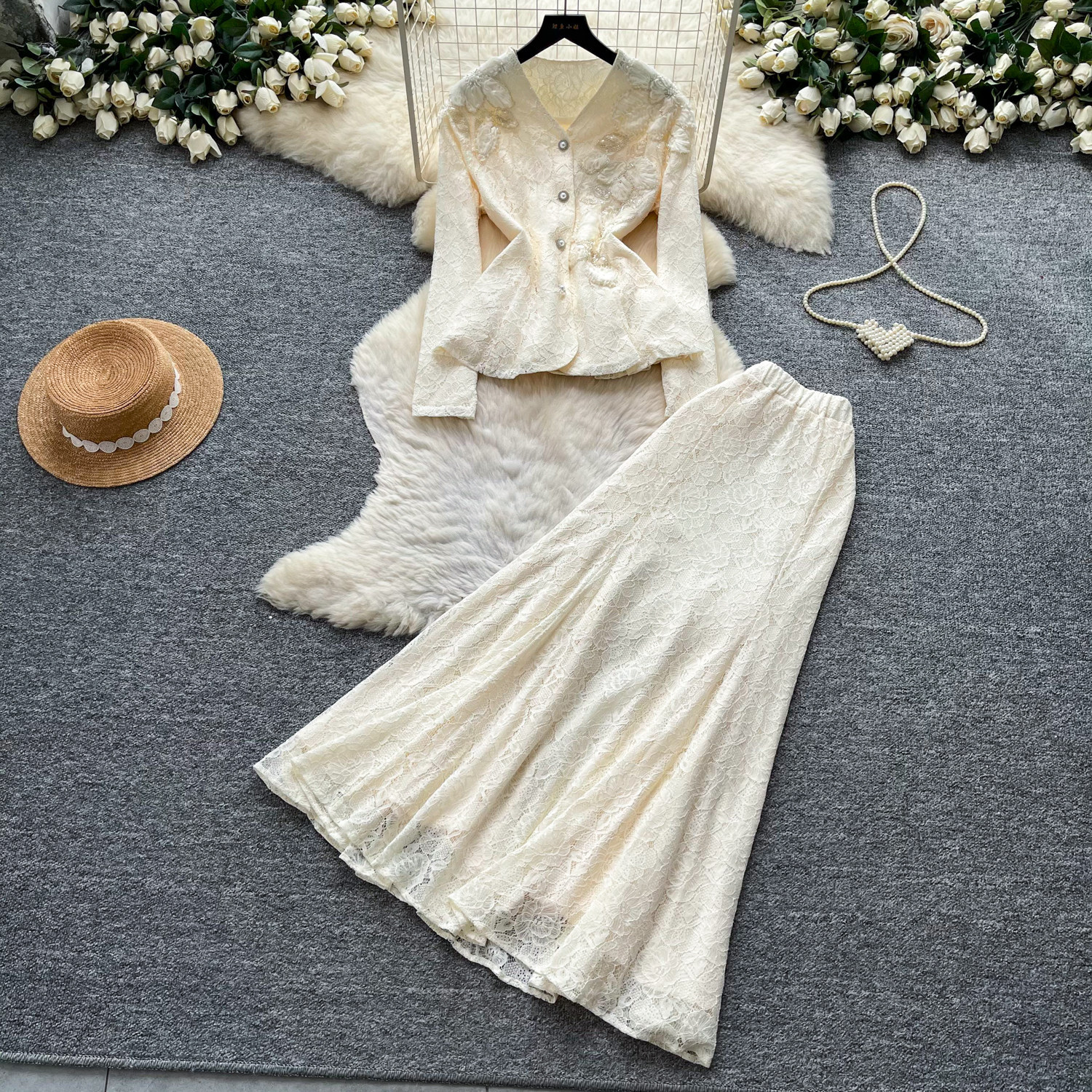 French Elegant V Neck Embroidered Lace Two Piece Set Beaded Detailing Slim Fit Autumn Office Wear Wholesale Available