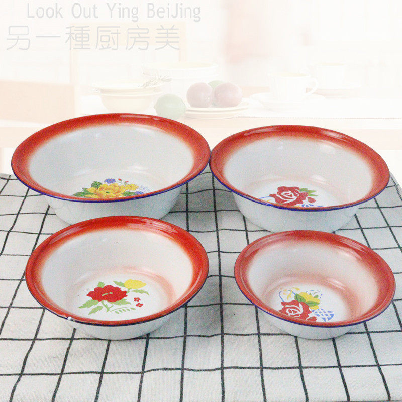 Old-Fashioned Enamel Soup Basin Bowl Red Small Bowl Porcelain Iron Rice Bowl Nostalgic Tableware Vegetable Bowl Mixing Bowl 10 Ginger Tea