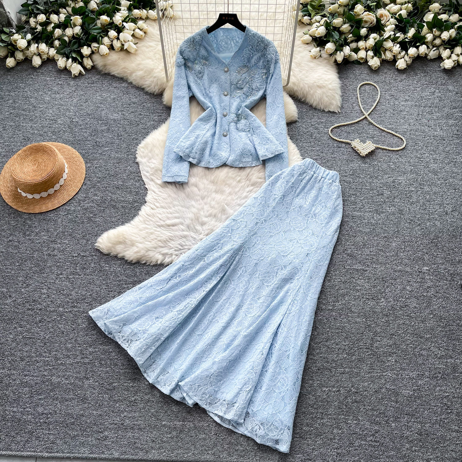 French Elegant V Neck Embroidered Lace Two Piece Set Beaded Detailing Slim Fit Autumn Office Wear Wholesale Available