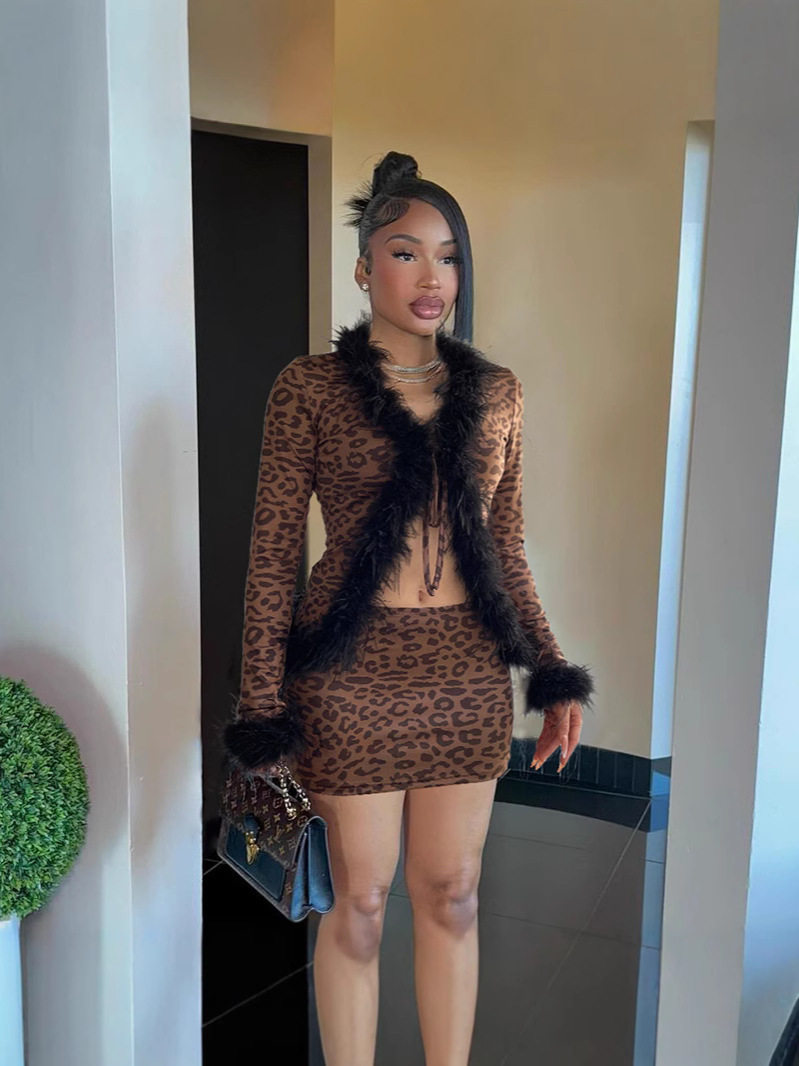 Turkish Feather Leopard Print Group Suit European and American New Sexy V Neck Strap Cardigan Short Street Sexy Hip-Hugging Short Skirt