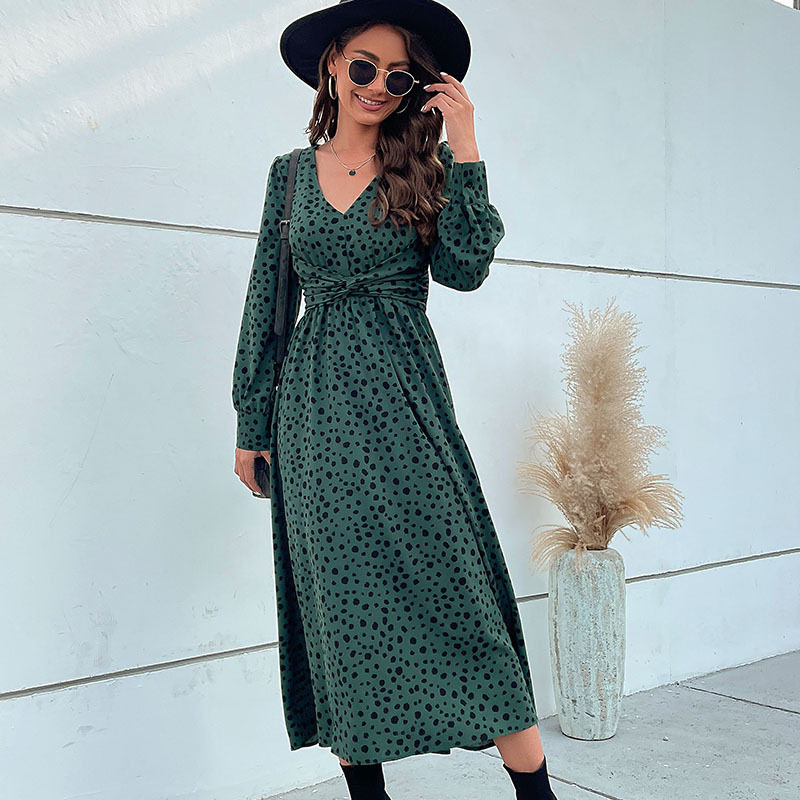 Long Sleeve Leopard Print Maxi Dress Green Color Trendy Design Autumn Fashion Wholesale Available