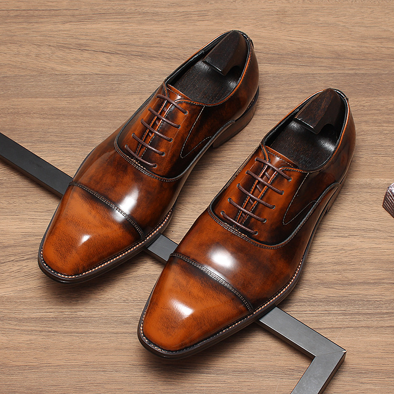 Giày Oxford nam da bò thật đánh màu thủ công, giày công sở dự tiệc — Xanh ngọc lam, màu đen, Màu đỏ rượu, Màu nâu vàng