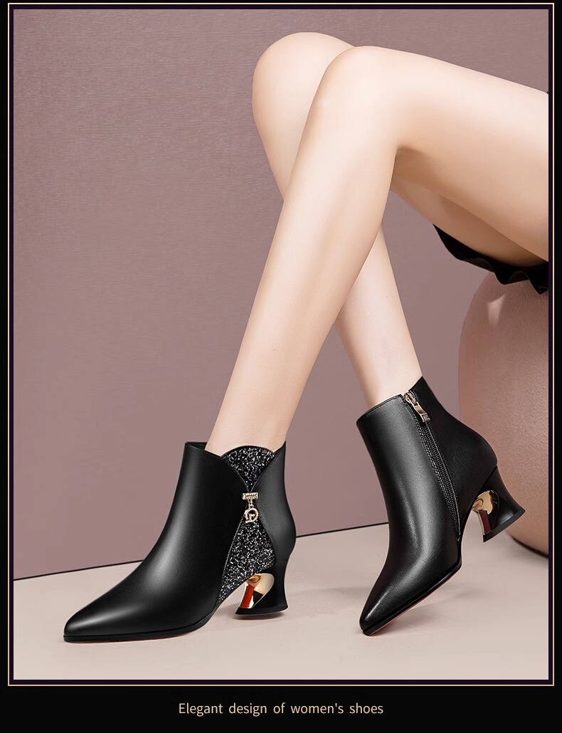 Boot nữ cổ thấp gót thô mũi nhọn phối kim loại lấp lánh, lót lông giữ ấm — Màu đen, Màu nâu