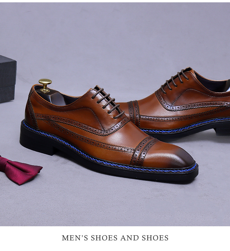 Giày Oxford nam da bò thật mũi vuông buộc dây phong cách công sở — Màu nâu (viền xanh), Màu nâu (viền đen), Đen (viền xanh), Đen (viền đen)