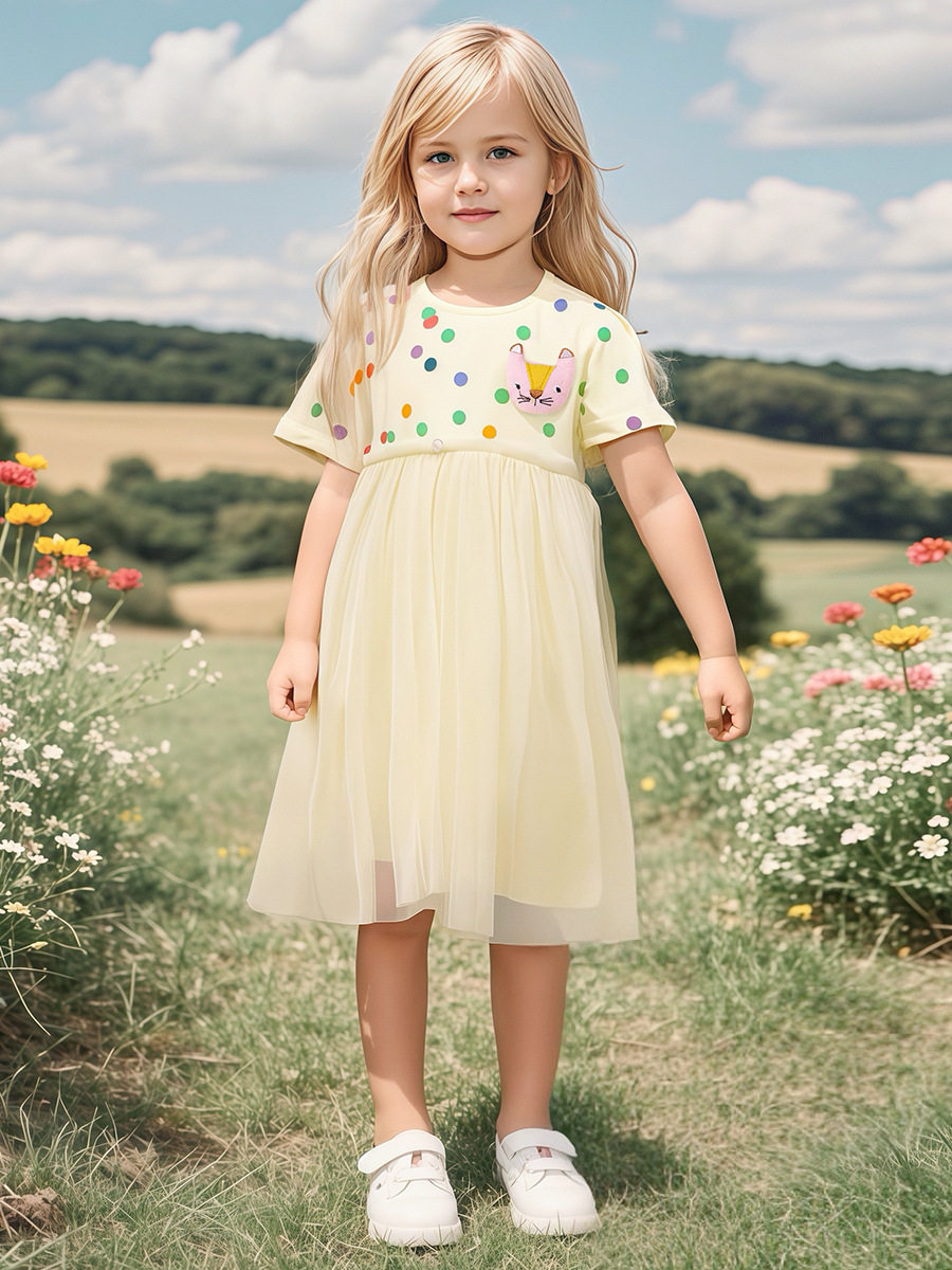 Girls' Cute Summer Mesh Princess Dress, Short-Sleeve Cotton Dress Wholesale