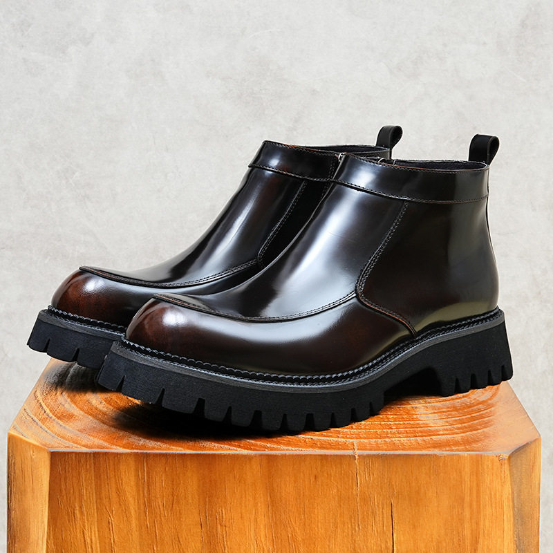 Boot Nam Cổ Cao Da Bóng Khóa Kéo Phong Cách Anh Quốc Chiều Cao Đế Khoảng 4cm Màu Đen