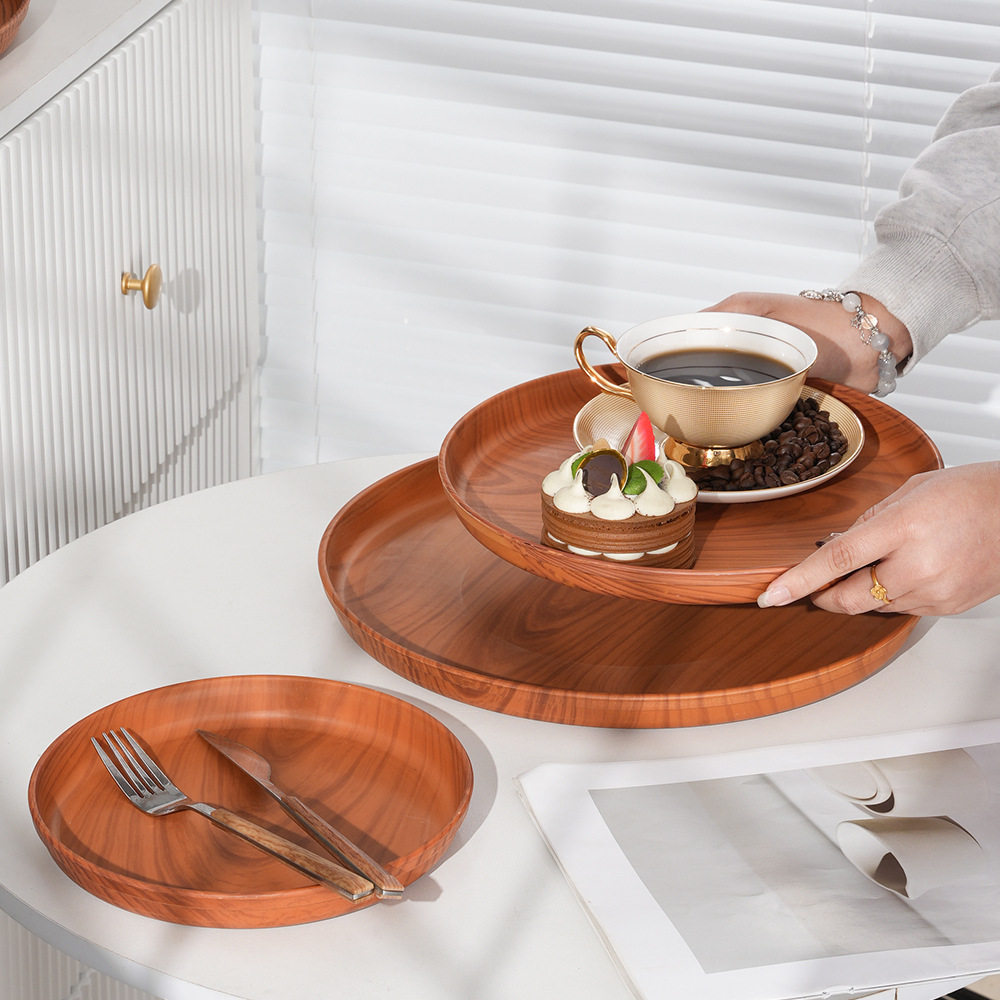 Japanese-style Tea Set Imitation Wood Grain Tea Tray Tray Household Water Cup Tray Round Hotel Restaurant Hotel Tray Barbecue Tray