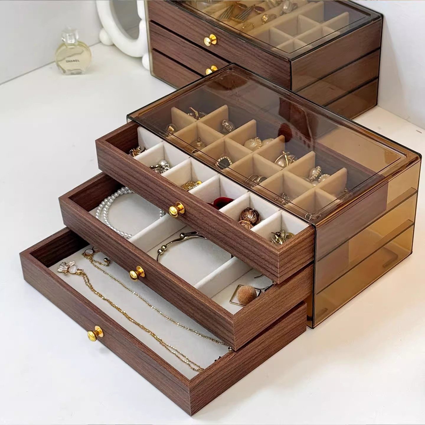 Walnut Wood Grain Jewelry Box Necklace Earrings Organizer Jewelry Box High-End New Three-Layer Five-Layer Jewelry Storage Box