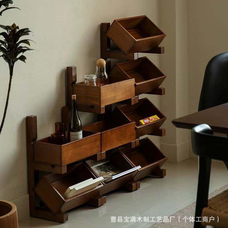 Spot Retro Floor-Standing Storage Rack Living Room Decoration Fruit Storage Basket Multi-Layer Wooden Sundry Storage Rack
