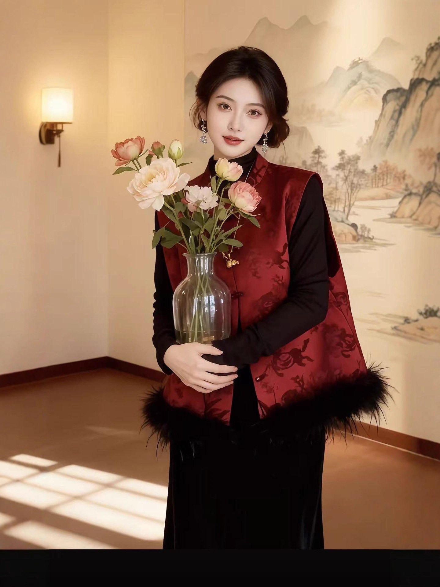 25 New Chinese-Style Corduroy Spliced Ostrich Feather Vest Tops with New Chinese-Style Stand Collar Tang Suit Button National Style Waistcoat