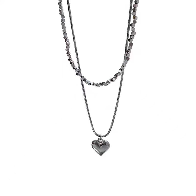 Simple Silver Small Square Double-Layer Love Necklace Women's ins Short Heart-Shaped Pendant Niche Design Clavicle Chain