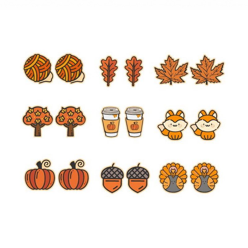 Autumn Orange Pumpkin Coffee Milk Tea Cup Maple Leaf Fox Fur Thread Ball Small Tree Turkey Pine Nut Earrings Jewelry