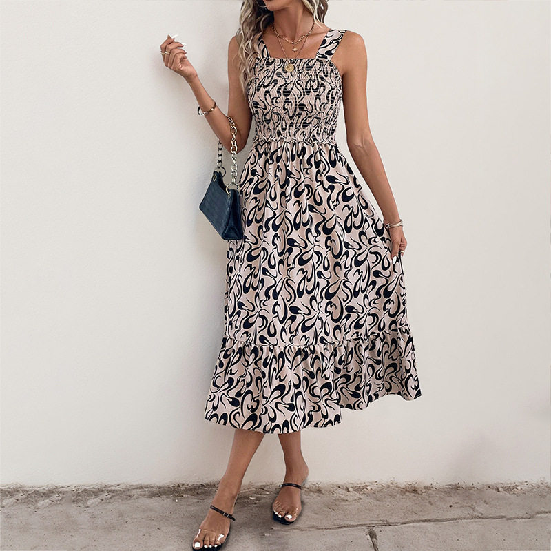Abstract Print Ruffled Maxi Dress Sleeveless Beach Vacation Style Lightweight Fabric Wholesale Available