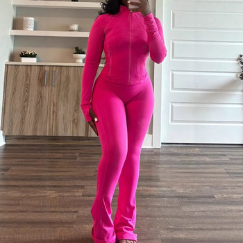 2025 Amazon European and American Spring and Summer Cross-Border Sports and Leisure Women's Sexy Tight-Fitting Long-Sleeved Micro-Flared Two-Piece Set