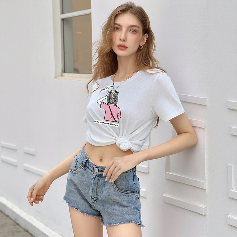 Loose Fit Cartoon Print T Shirt Round Neck Cute Design Casual Style Perfect for Girls Wholesale Available
