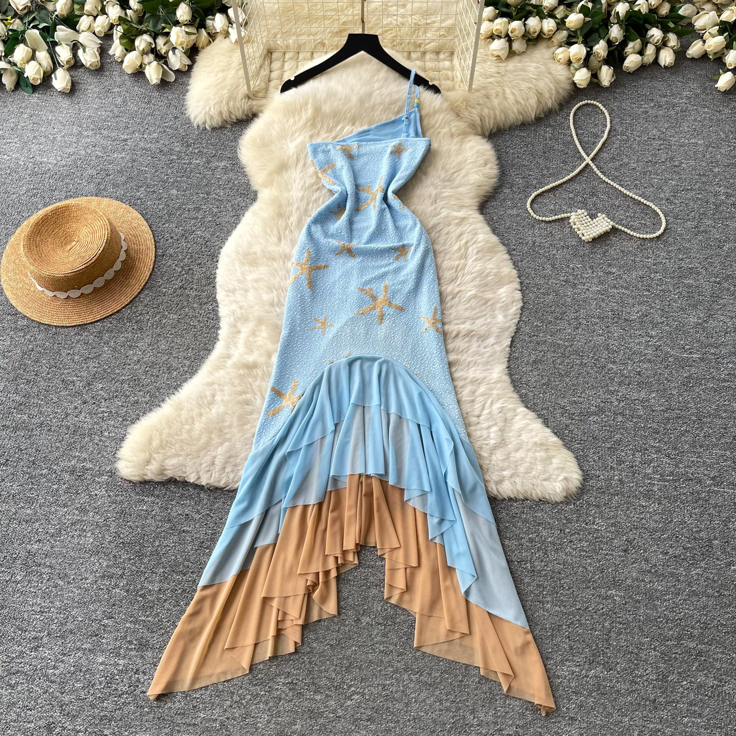 Summer Vacation Asymmetrical One Shoulder Dress Blue Gradient Mermaid Hem Lightweight Fabric Elegant Evening Wear