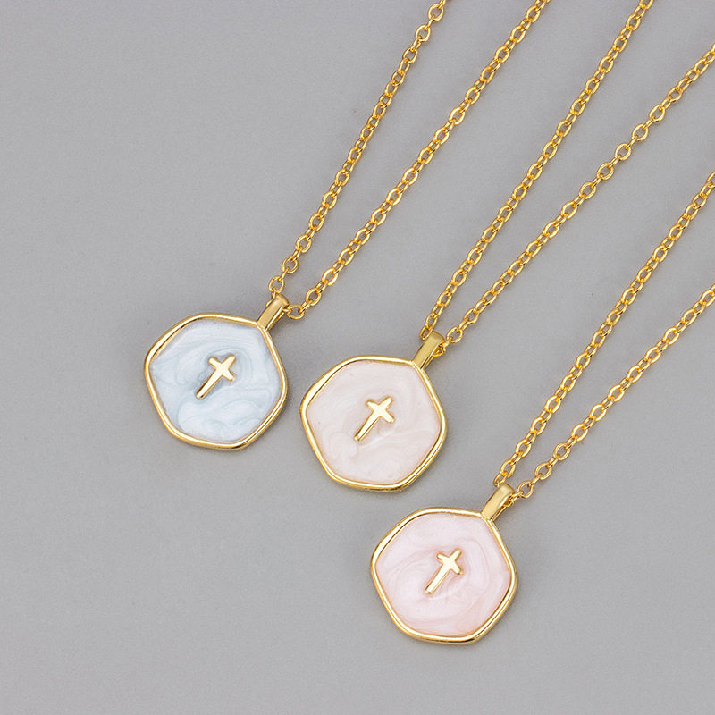 New European and American Cross-Border New Colorful Enamel Oil Drop Cross Necklace for Women Simple Niche Versatile Clavicle Chain