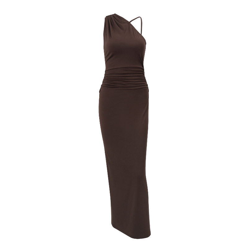 Elegant Womens Bodycon Dress Solid Color Asymmetrical Shoulder Sleeveless Ruched Design Spring Summer Occasion