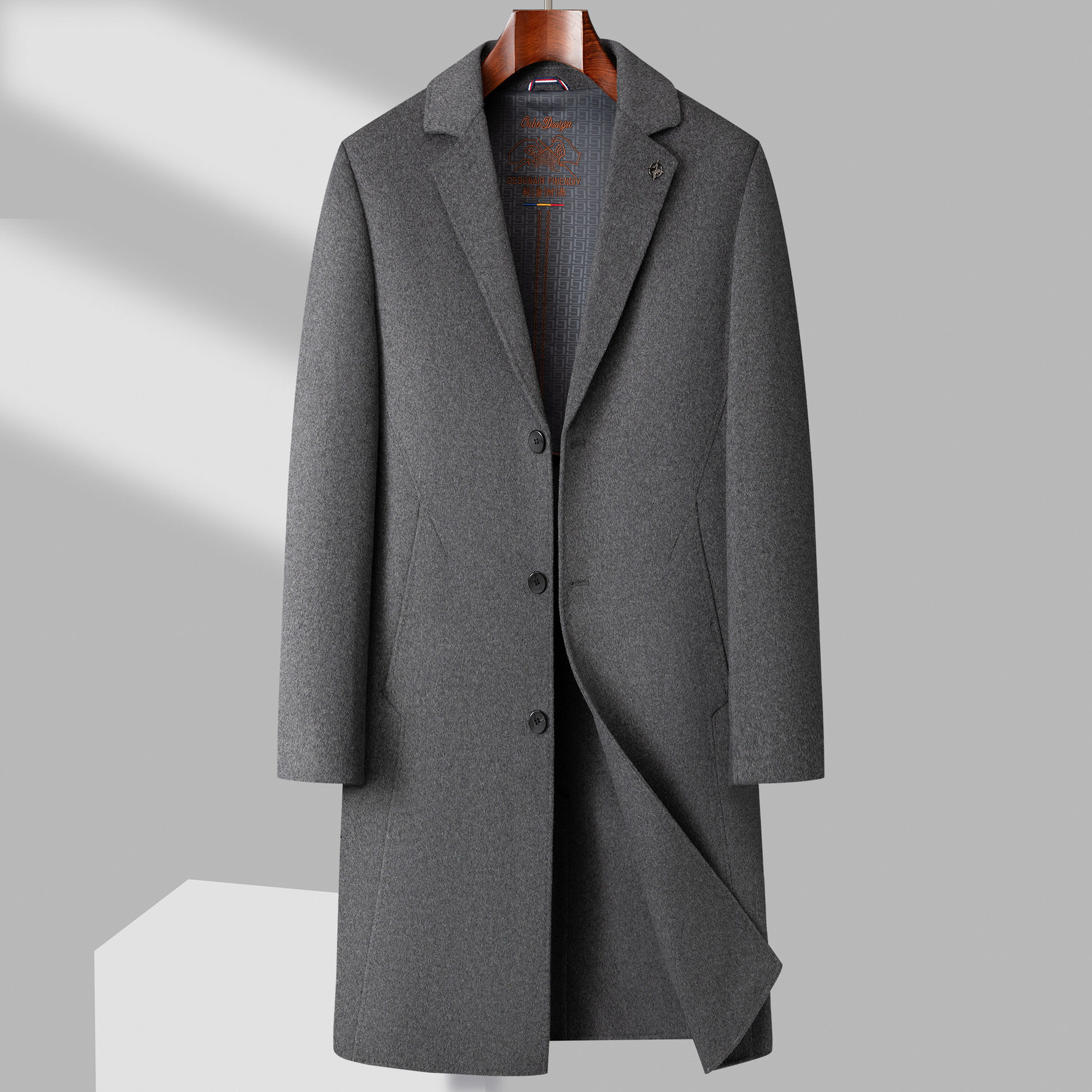 Áo Khoác Dạ Nam Dáng Dài Len Lông Cừu Hai Mặt Phong Cách Business Casual Màu Đen, Xám