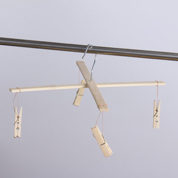 Bamboo Folding Clothes Hanger with 4 Trouser Clips, Multi-Purpose Drying Rack, Folding Drying Clip, Sock Clip, Intimates Clip