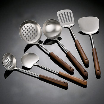 304 Stainless Steel Spatula, Frying Spatula, Frying Spoon, Soup Spoon, Colander, Household Kitchen Walnut Handle Cooking Cooking Set
