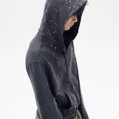 Retro Design Baby's Breath Hot Diamond Washed Distressed Zipper Hooded Autumn and Winter Sweatshirt Jacket for Men and Women Trendy